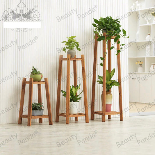 Beauty Panda Teak Wood Indoor/Outdoor Plant Stand for Home Garden Balcony Living Room Decor (ST8SET)