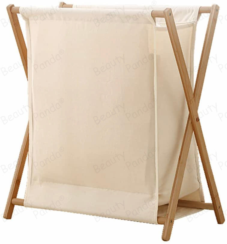 Beauty Panda Wood Foldable Laundry Basket Storage Organizer, Removable Fabric Liner,Collapsible Laundry Hamper for Laundry Room, Bathroom, Bedroom, Holds Clothes (Bin2)