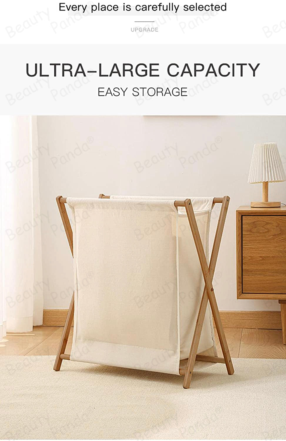 Beauty Panda Wood Foldable Laundry Basket Storage Organizer, Removable Fabric Liner,Collapsible Laundry Hamper for Laundry Room, Bathroom, Bedroom, Holds Clothes (Bin2)