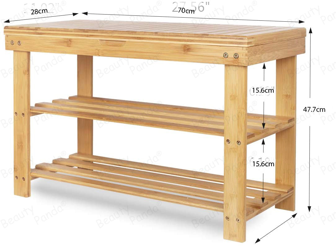 Beauty Panda® Teak Wood 2 Tier Shoe Rack Bench, Premium Shoe Organizer or Entryway Bench, Perfect for Shoe Cubby, Entry Bench, or Living Room (SH03)