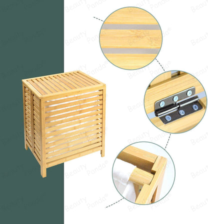 Beauty Panda Laundry Hamper with Dual Compartments – Two-Section Laundry Basket with Removable Sliding Bags & Shelf – Teak Wood Laundry Organizer Cabinet (Bin4)