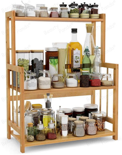 Beauty Panda Wood Spice Rack Organizer - Seasoning Organizer for Cabinet - 3 Tier Spice Shelf Teak Wooden - Stackable Free Standing Space Saving Spice Rack for Countertop , Kitchen (SP3)