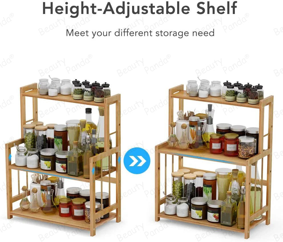 Beauty Panda Wood Spice Rack Organizer - Seasoning Organizer for Cabinet - 3 Tier Spice Shelf Teak Wooden - Stackable Free Standing Space Saving Spice Rack for Countertop , Kitchen (SP3)