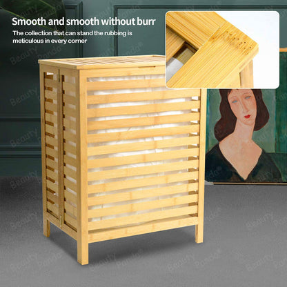 Beauty Panda Laundry Hamper with Dual Compartments – Two-Section Laundry Basket with Removable Sliding Bags & Shelf – Teak Wood Laundry Organizer Cabinet (Bin4)