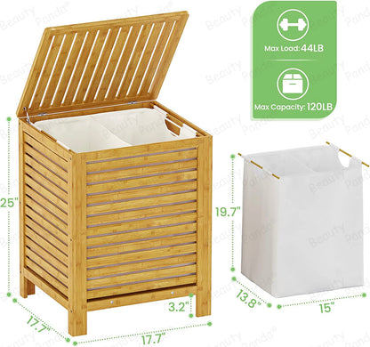 Beauty Panda Large Section Freestanding Teak wood Bathroom Organizer with Pull Out Hamper Drawers Wooden Laundry Towel Cabinet Basket (Bin10)