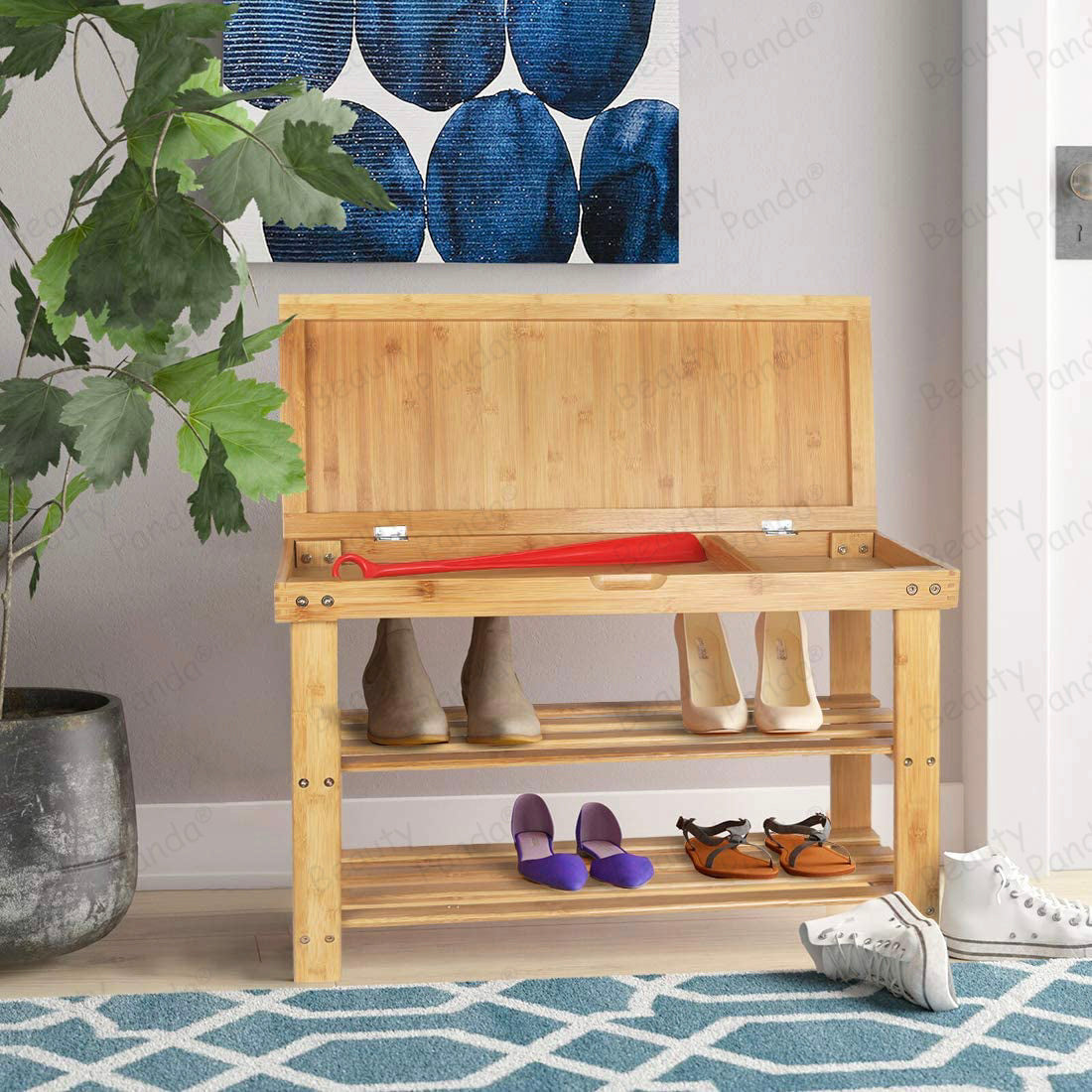 Beauty Panda® Teak Wood 2 Tier Shoe Rack Bench, Premium Shoe Organizer or Entryway Bench, Perfect for Shoe Cubby, Entry Bench, or Living Room (SH03)