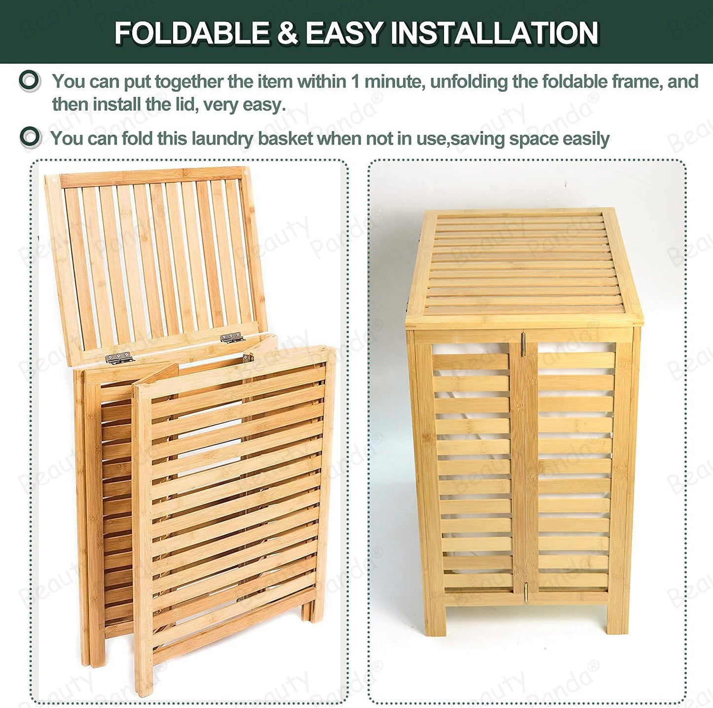 Beauty Panda Laundry Hamper with Dual Compartments – Two-Section Laundry Basket with Removable Sliding Bags & Shelf – Teak Wood Laundry Organizer Cabinet (Bin4)