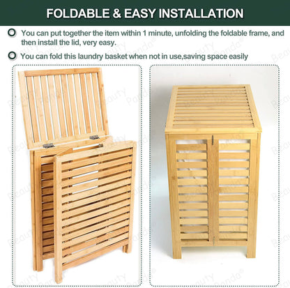 Beauty Panda Laundry Hamper with Dual Compartments – Two-Section Laundry Basket with Removable Sliding Bags & Shelf – Teak Wood Laundry Organizer Cabinet (Bin4)