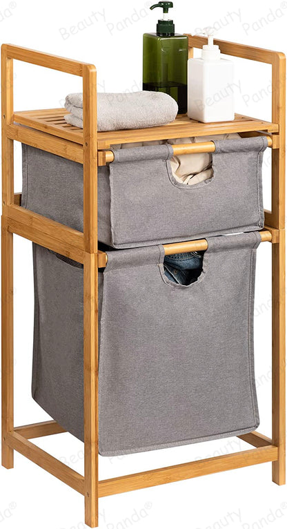 Beauty Panda Teak wood  Freestanding Laundry Storage Basket, Household Laundry Basket with Shelf, Laundry Storage Rack Dormitory (Bin11)