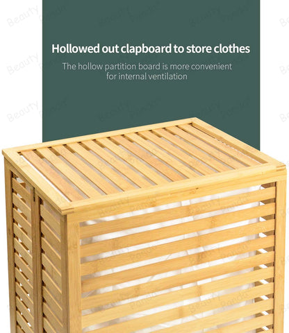 Beauty Panda Laundry Hamper with Dual Compartments – Two-Section Laundry Basket with Removable Sliding Bags & Shelf – Teak Wood Laundry Organizer Cabinet (Bin4)