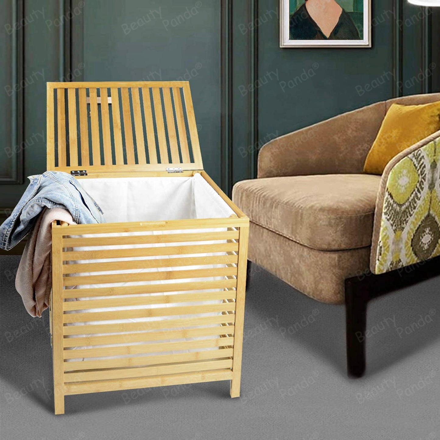 Beauty Panda Laundry Hamper with Dual Compartments – Two-Section Laundry Basket with Removable Sliding Bags & Shelf – Teak Wood Laundry Organizer Cabinet (Bin4)