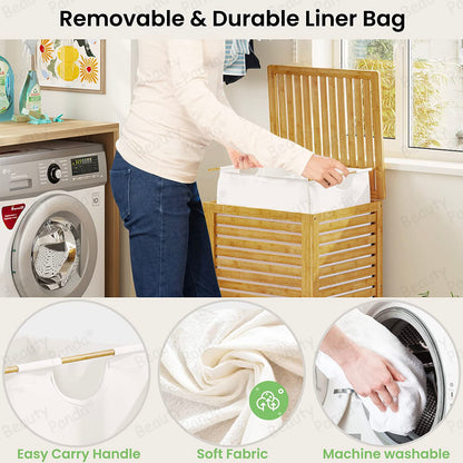 Beauty Panda Large Section Freestanding Teak wood Bathroom Organizer with Pull Out Hamper Drawers Wooden Laundry Towel Cabinet Basket (Bin10)