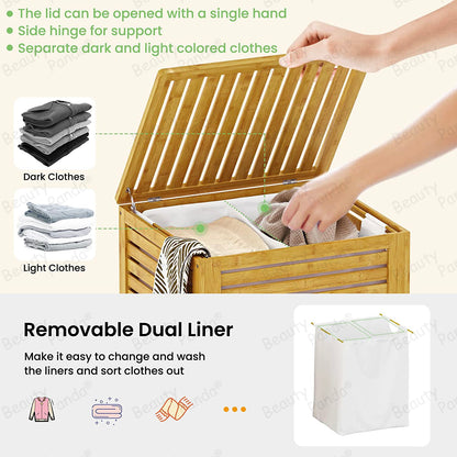 Beauty Panda Large Section Freestanding Teak wood Bathroom Organizer with Pull Out Hamper Drawers Wooden Laundry Towel Cabinet Basket (Bin10)