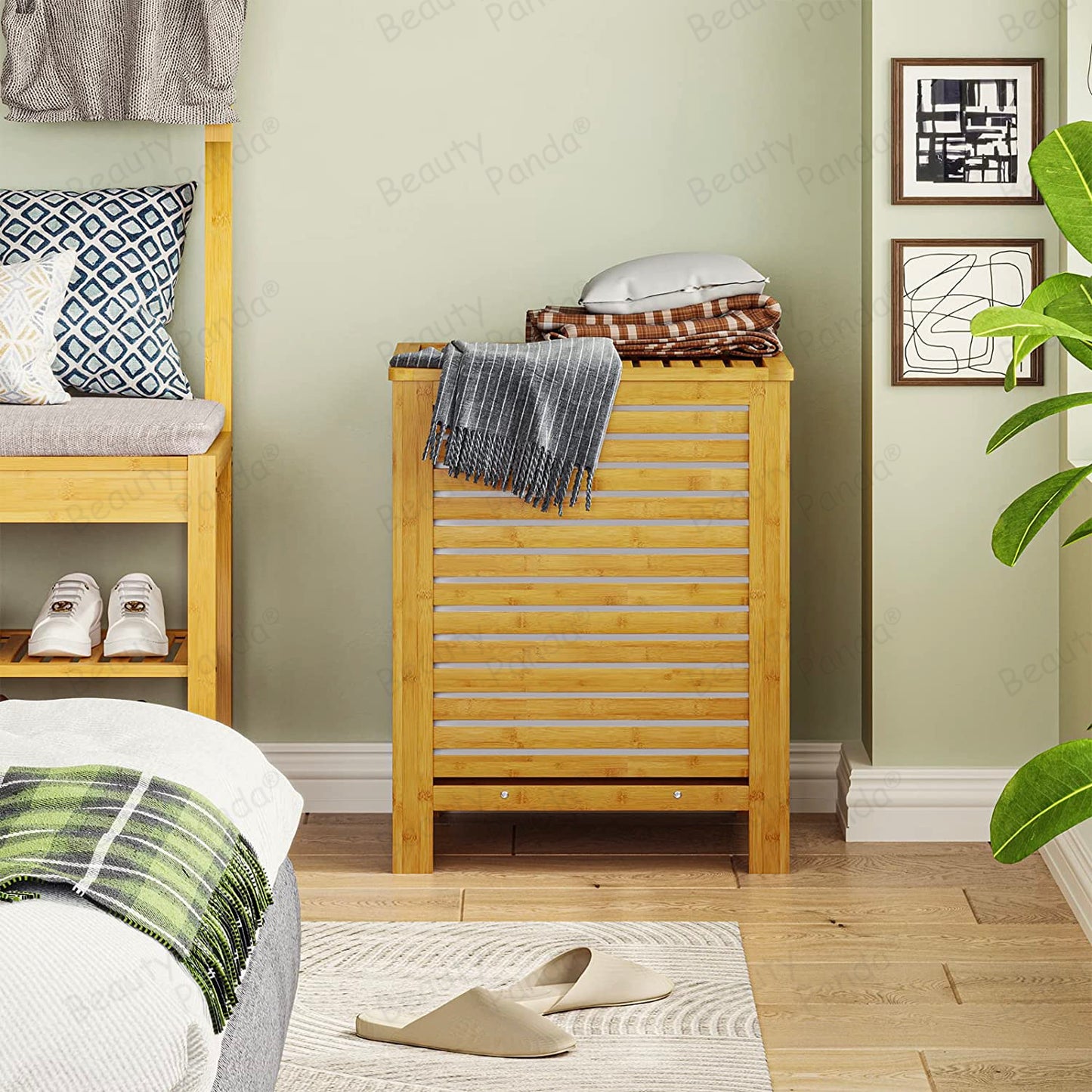 Beauty Panda Large Section Freestanding Teak wood Bathroom Organizer with Pull Out Hamper Drawers Wooden Laundry Towel Cabinet Basket (Bin10)