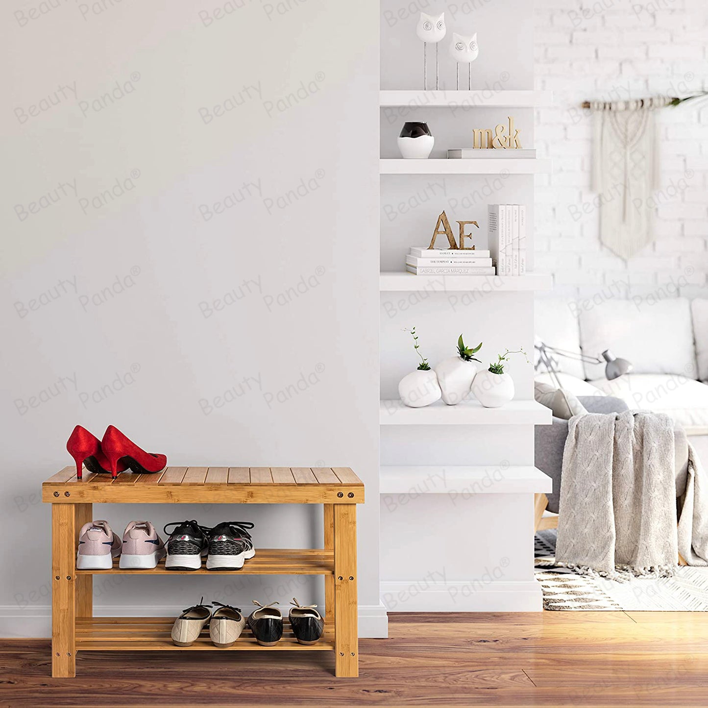 Beauty Panda Teak Wood 3 Tier Shoe Rack Bench, Premium Shoe Organizer or Entryway Bench, Perfect for Shoe Cubby, Entry Bench, or Living Room (SH02)