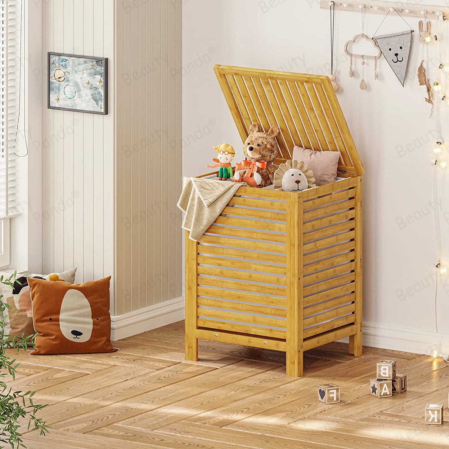 Beauty Panda Large Section Freestanding Teak wood Bathroom Organizer with Pull Out Hamper Drawers Wooden Laundry Towel Cabinet Basket (Bin10)