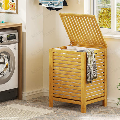 Beauty Panda Large Section Freestanding Teak wood Bathroom Organizer with Pull Out Hamper Drawers Wooden Laundry Towel Cabinet Basket (Bin10)