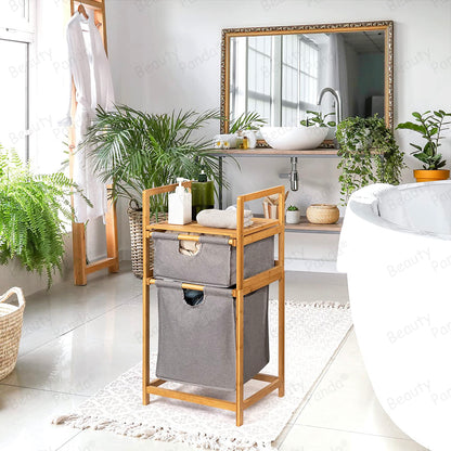 Beauty Panda Teak wood  Freestanding Laundry Storage Basket, Household Laundry Basket with Shelf, Laundry Storage Rack Dormitory (Bin11)