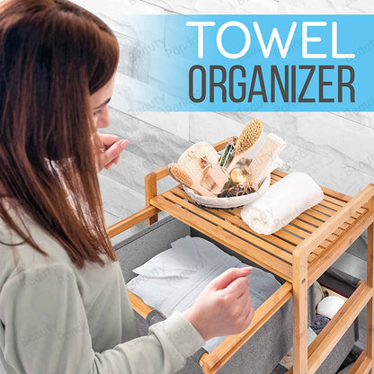 Beauty Panda 3 Section Freestanding Bathroom Organizer with Pull Out Hamper Drawers Wooden Laundry Towel Cabinet Tower Three Part Compartment Sorter Basket for Kids Room (Bin1)