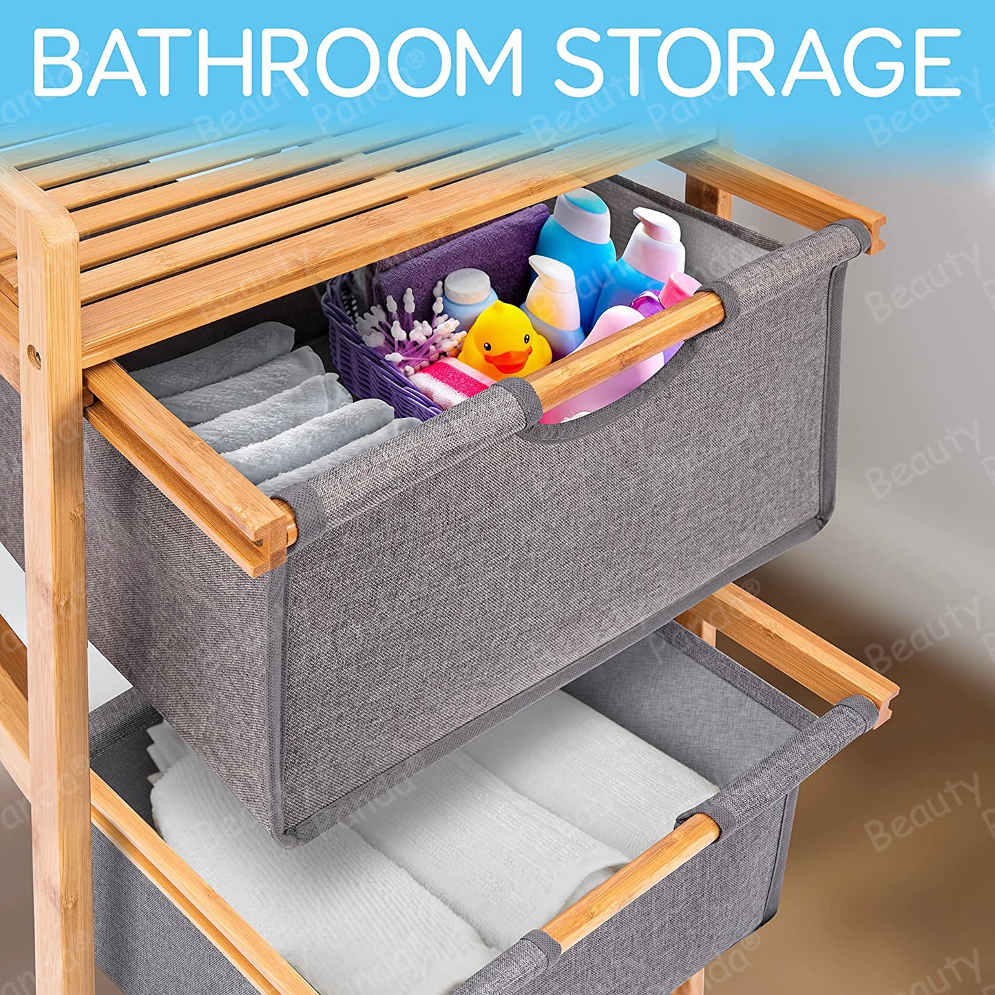 Beauty Panda 3 Section Freestanding Bathroom Organizer with Pull Out Hamper Drawers Wooden Laundry Towel Cabinet Tower Three Part Compartment Sorter Basket for Kids Room (Bin1)
