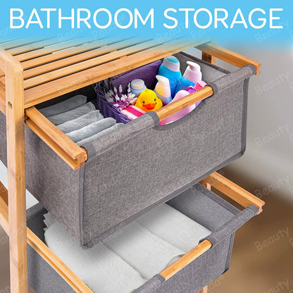 Beauty Panda 3 Section Freestanding Bathroom Organizer with Pull Out Hamper Drawers Wooden Laundry Towel Cabinet Tower Three Part Compartment Sorter Basket for Kids Room (Bin1)