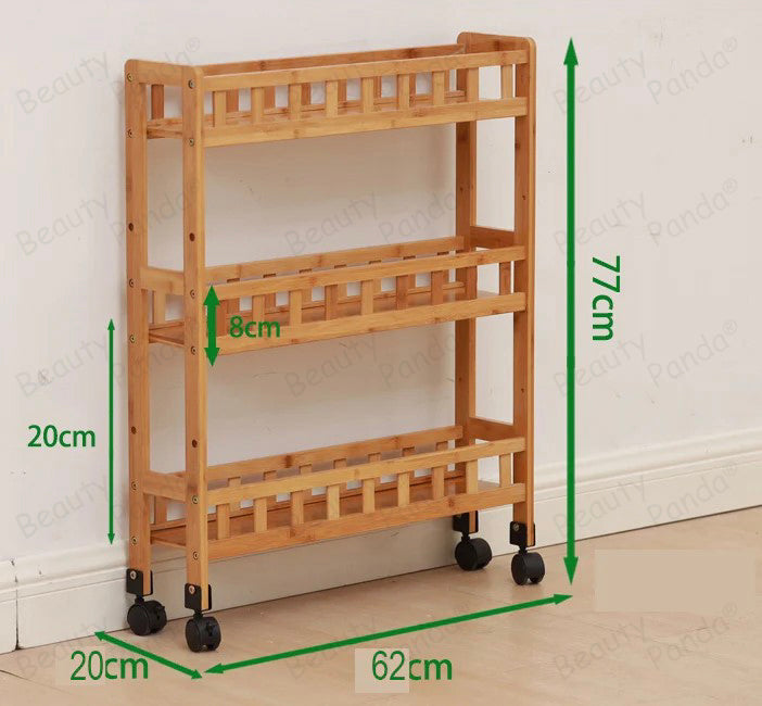 Beauty Panda 3 Layer Multipurpose Solid Wood Storage Organizer Slim Rack Shelf with Wheels | Slim Slide Out Kitchen Trolley Rack Holder Storage Organizer for Kitchen, Bathroom (Medium 62*15*77, Brown)