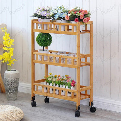 Beauty Panda 3 Layer Multipurpose Solid Wood Storage Organizer Slim Rack Shelf with Wheels | Slim Slide Out Kitchen Trolley Rack Holder Storage Organizer for Kitchen, Bathroom (Medium 40*25*77, Brown)