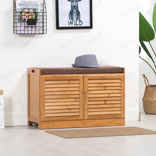 Beauty Panda 2 tire wooden shoe rack with door and seat, Teak Wood Shoe Cabinet, Free Standing Shoe Shelf Organizer Storage with DoorHome Entryway Hallway Office Bedroom (SH77D)