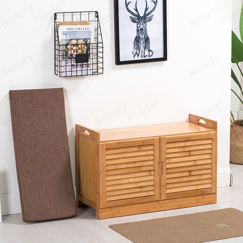 Beauty Panda 2 tire wooden shoe rack with door and seat, Teak Wood Shoe Cabinet, Free Standing Shoe Shelf Organizer Storage with DoorHome Entryway Hallway Office Bedroom (SH77D)