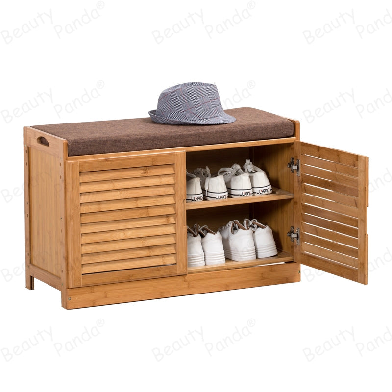 Beauty Panda 2 tire wooden shoe rack with door and seat, Teak Wood Shoe Cabinet, Free Standing Shoe Shelf Organizer Storage with DoorHome Entryway Hallway Office Bedroom (SH77D)