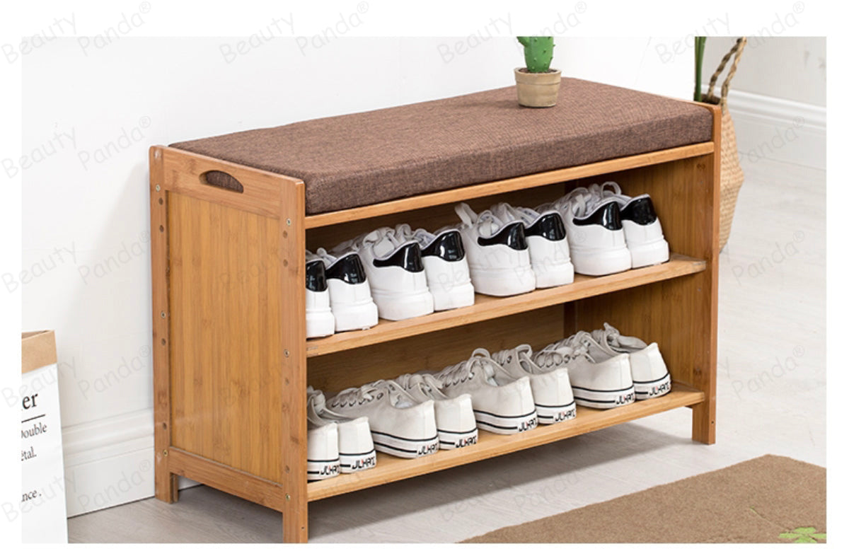 Beauty Panda 2 tire wooden shoe rack with seat, Teak Wood Shoe Cabinet, Free Standing Shoe Shelf Organizer Storage with Seat Home Entryway Hallway Office Bedroom (SH63)