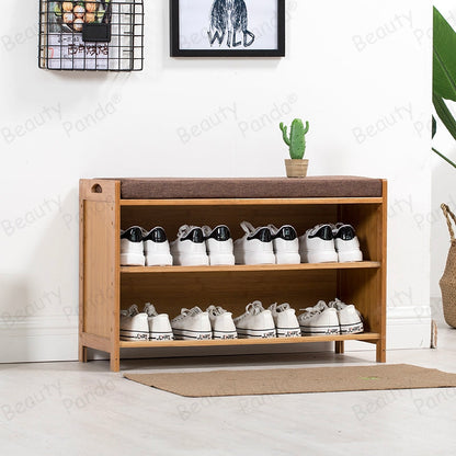 Beauty Panda 2 tire wooden shoe rack with seat, Teak Wood Shoe Cabinet, Free Standing Shoe Shelf Organizer Storage with Seat Home Entryway Hallway Office Bedroom (SH77)